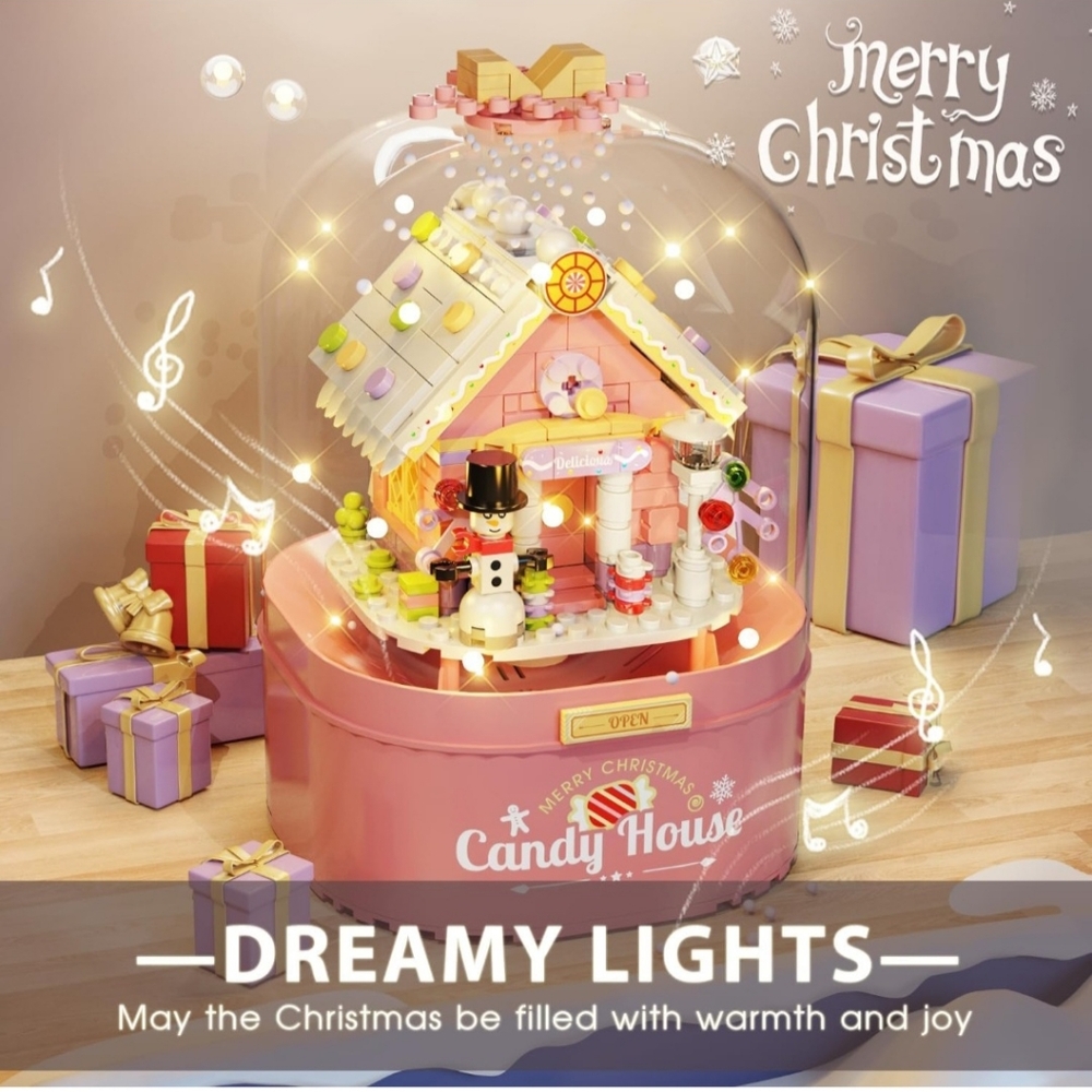 Pink Christmas Music Box Building Blocks Kits with LED Lights and Snow